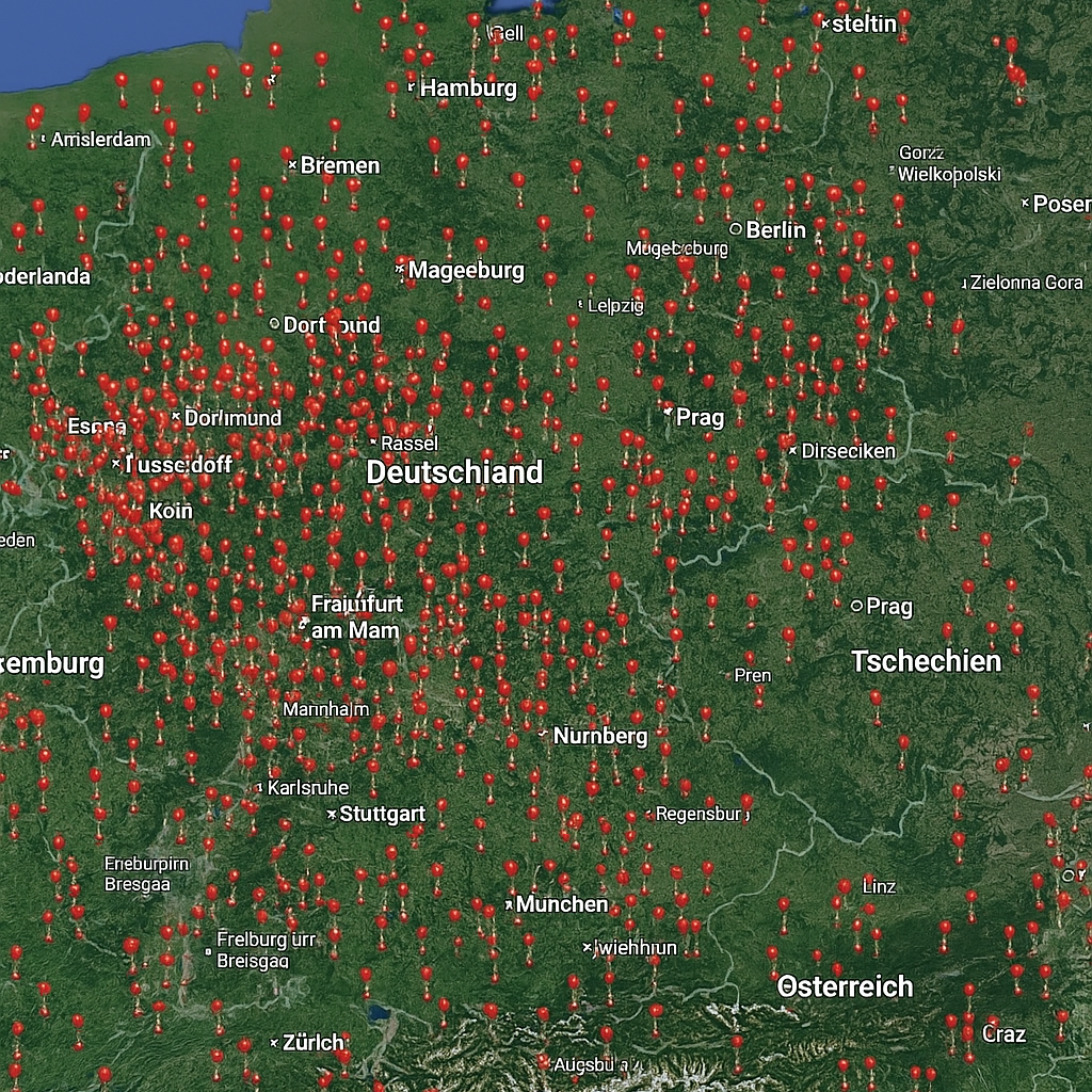 Karte mit vielen roten Markierungen in Deutschland. Karte mit vielen roten Markierungen in Deutschland.