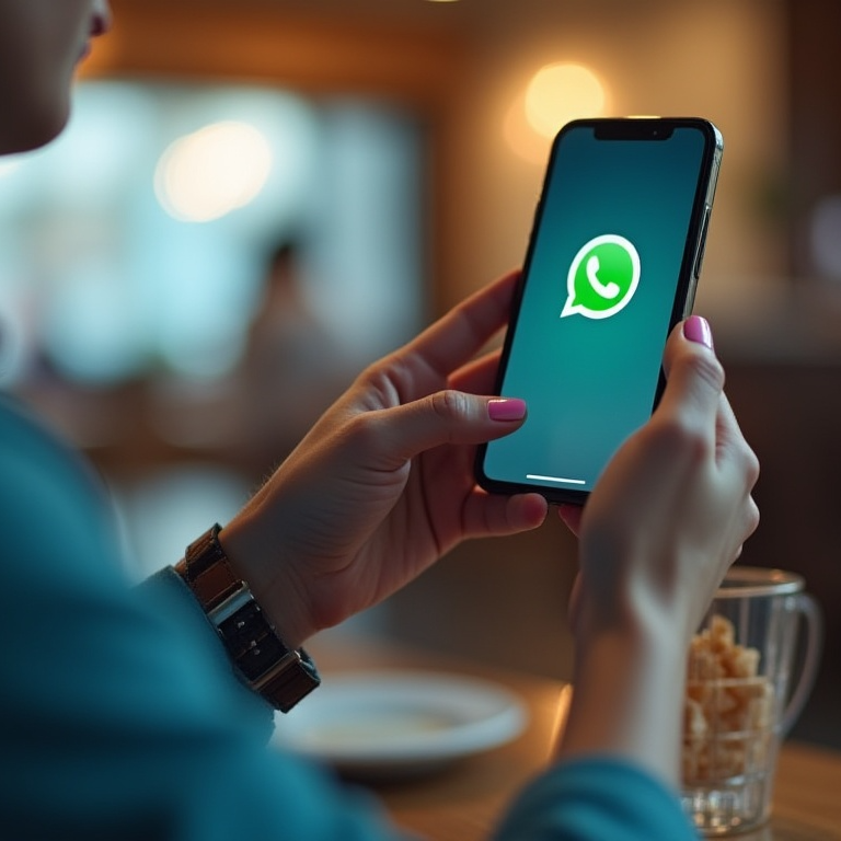 Eine Person hält ein Smartphone, auf dem das WhatsApp-Logo sichtbar ist.